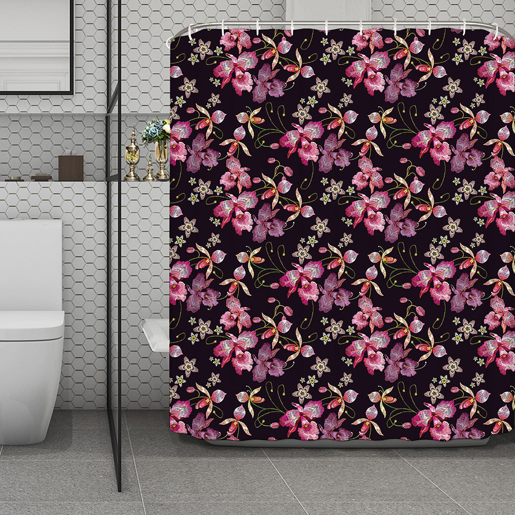 Embroidery Orchid Flower Pattern Print Polyester Shower Curtain