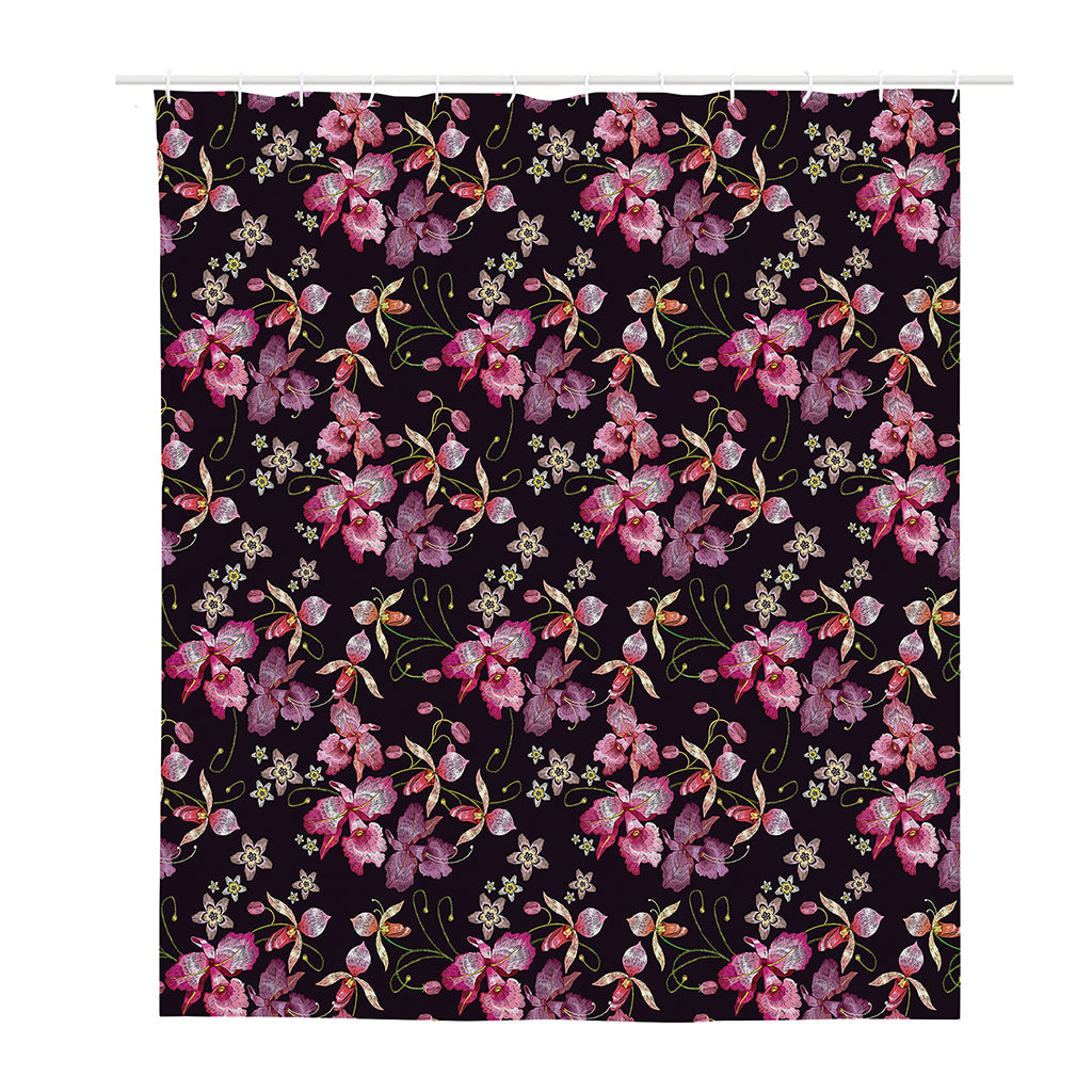 Embroidery Orchid Flower Pattern Print Polyester Shower Curtain