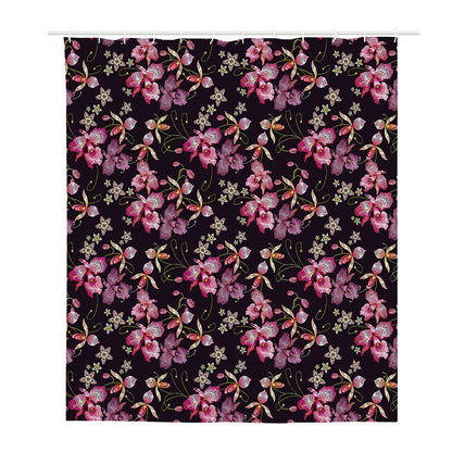 Embroidery Orchid Flower Pattern Print Polyester Shower Curtain
