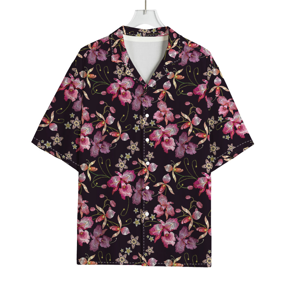 Embroidery Orchid Flower Pattern Print Rayon Hawaiian Shirt