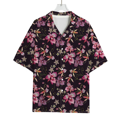 Embroidery Orchid Flower Pattern Print Rayon Hawaiian Shirt