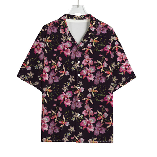 Embroidery Orchid Flower Pattern Print Rayon Hawaiian Shirt