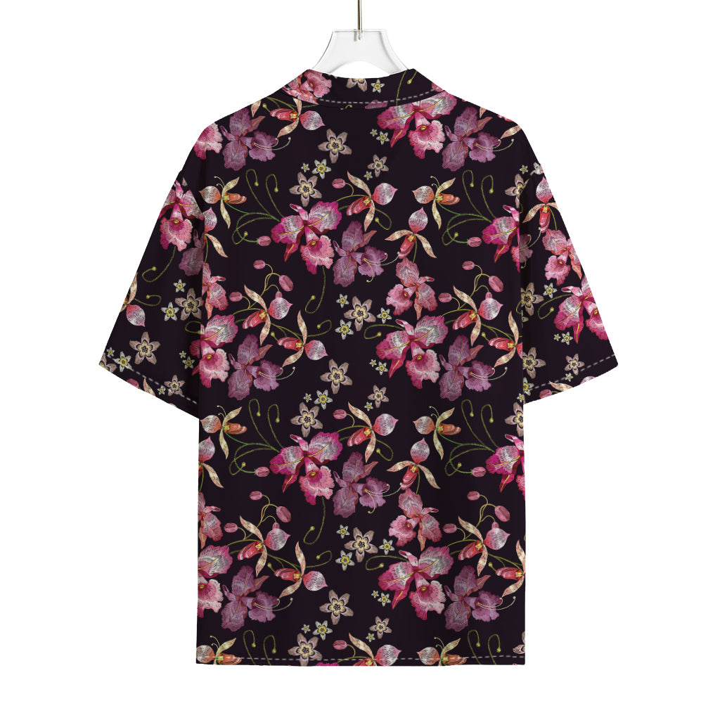 Embroidery Orchid Flower Pattern Print Rayon Hawaiian Shirt