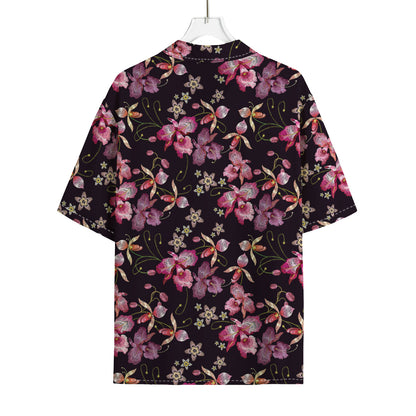 Embroidery Orchid Flower Pattern Print Rayon Hawaiian Shirt