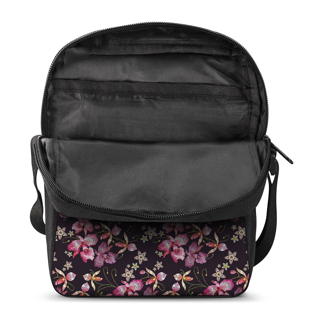 Embroidery Orchid Flower Pattern Print Rectangular Crossbody Bag