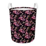 Embroidery Orchid Flower Pattern Print Round Laundry Basket