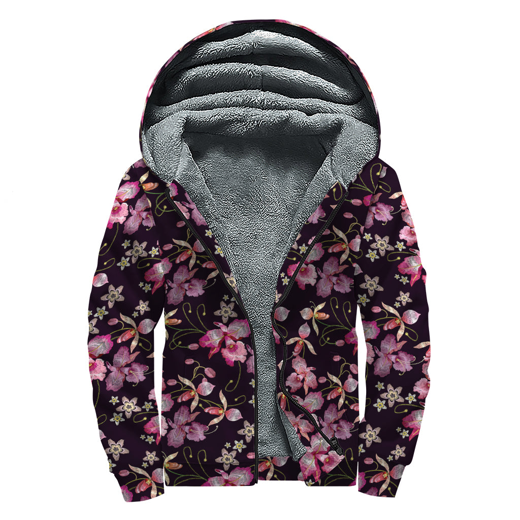 Embroidery Orchid Flower Pattern Print Sherpa Lined Zip Up Hoodie