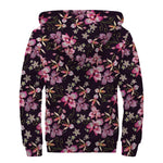 Embroidery Orchid Flower Pattern Print Sherpa Lined Zip Up Hoodie
