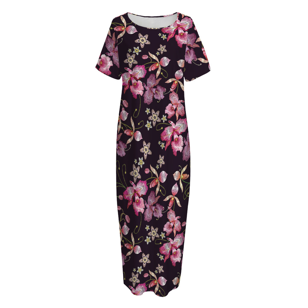 Embroidery Orchid Flower Pattern Print Short Sleeve Long Nightdress