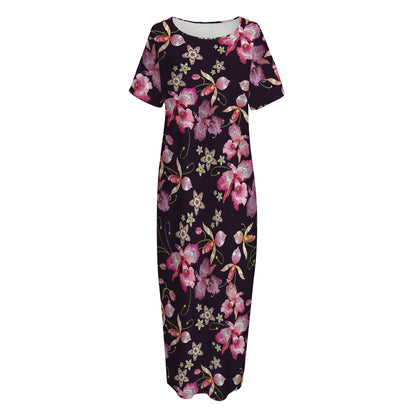 Embroidery Orchid Flower Pattern Print Short Sleeve Long Nightdress
