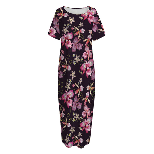 Embroidery Orchid Flower Pattern Print Short Sleeve Long Nightdress