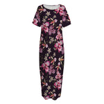 Embroidery Orchid Flower Pattern Print Short Sleeve Long Nightdress