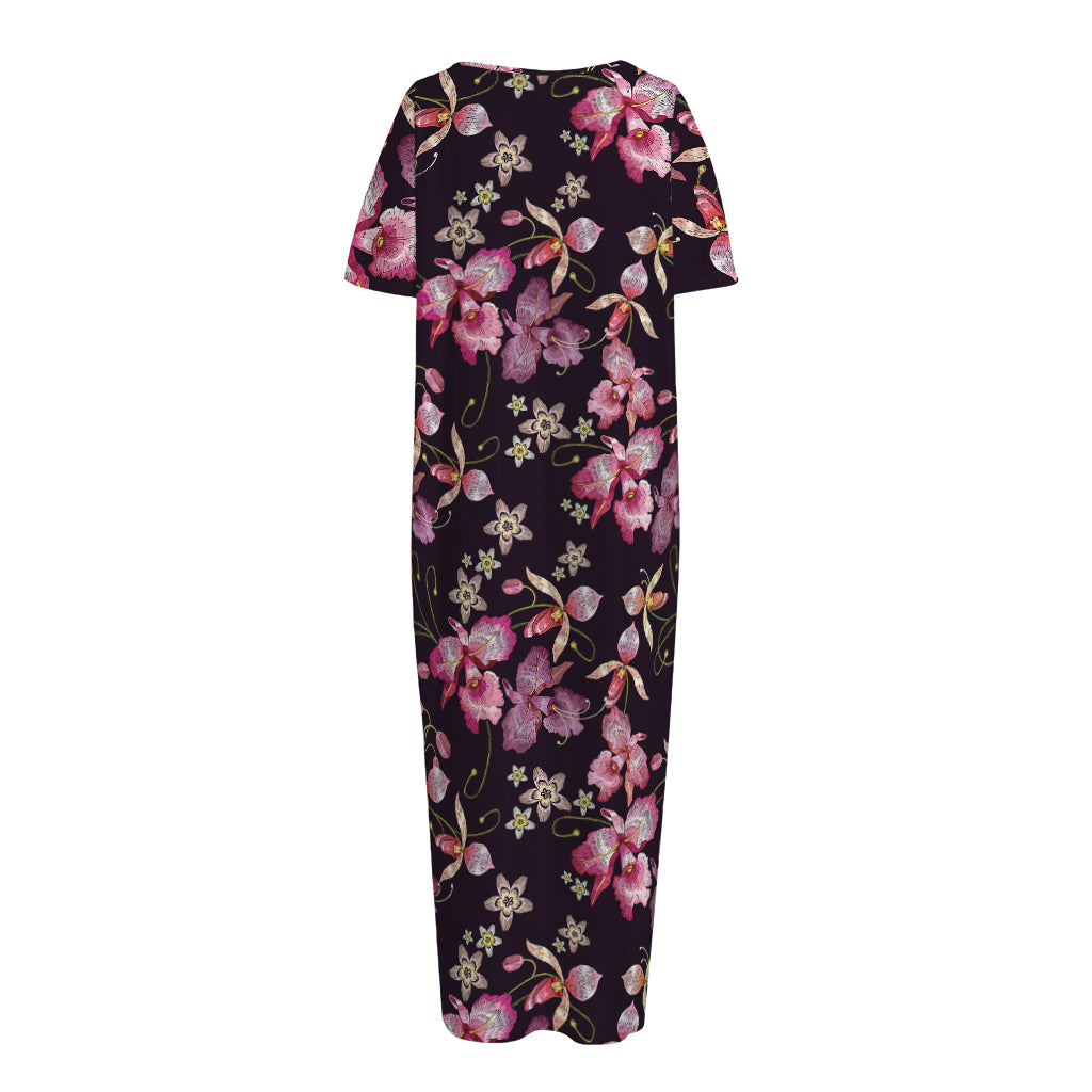 Embroidery Orchid Flower Pattern Print Short Sleeve Long Nightdress