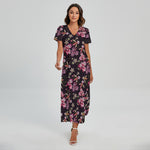 Embroidery Orchid Flower Pattern Print Short Sleeve Maxi Dress