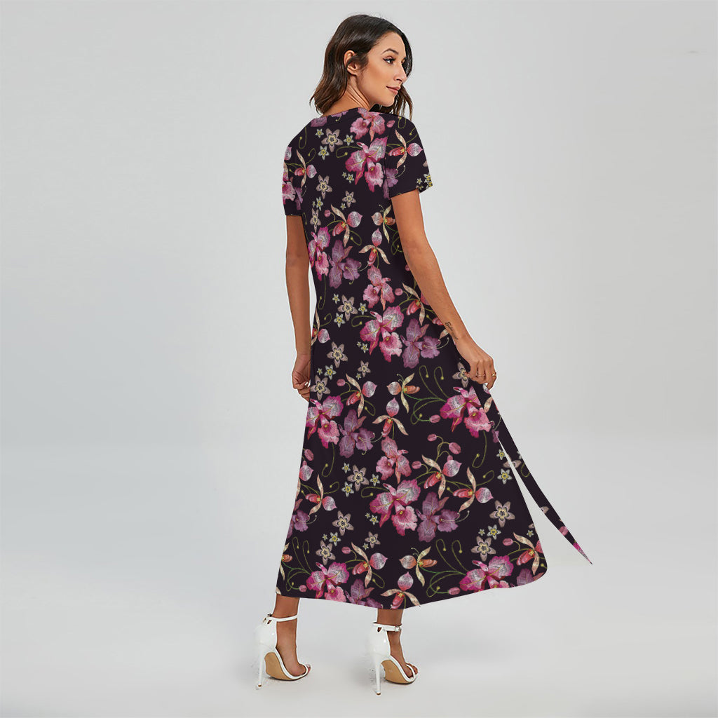 Embroidery Orchid Flower Pattern Print Short Sleeve Maxi Dress