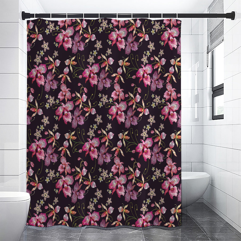 Embroidery Orchid Flower Pattern Print Shower Curtain