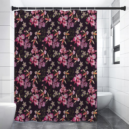 Embroidery Orchid Flower Pattern Print Shower Curtain