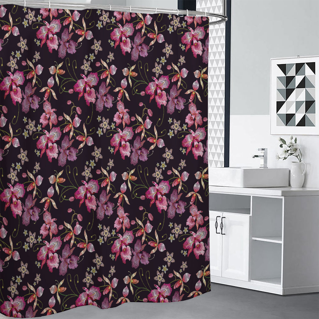 Embroidery Orchid Flower Pattern Print Shower Curtain