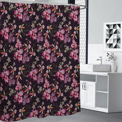 Embroidery Orchid Flower Pattern Print Shower Curtain
