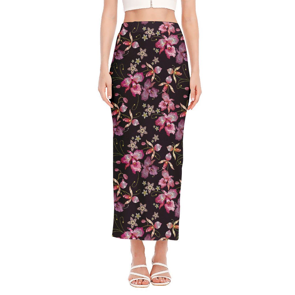 Embroidery Orchid Flower Pattern Print Side Slit Maxi Skirt