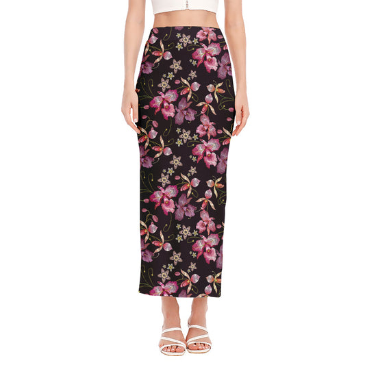 Embroidery Orchid Flower Pattern Print Side Slit Maxi Skirt