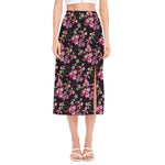 Embroidery Orchid Flower Pattern Print Side Slit Midi Skirt