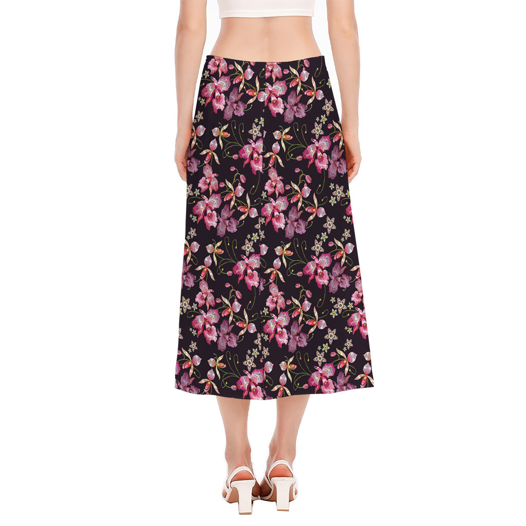 Embroidery Orchid Flower Pattern Print Side Slit Midi Skirt