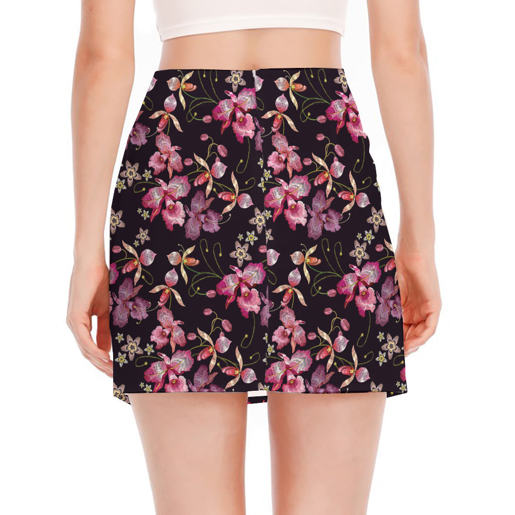 Embroidery Orchid Flower Pattern Print Side Slit Mini Skirt
