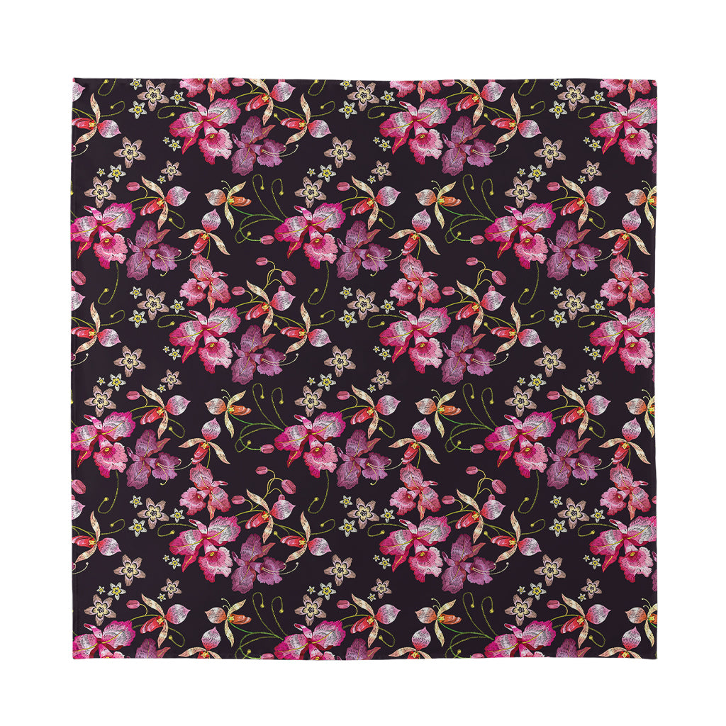 Embroidery Orchid Flower Pattern Print Silk Bandana