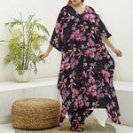 Embroidery Orchid Flower Pattern Print Silk V-Neck Kaftan Dress