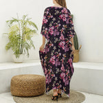 Embroidery Orchid Flower Pattern Print Silk V-Neck Kaftan Dress