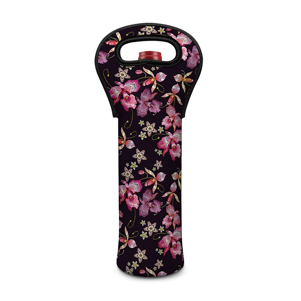Embroidery Orchid Flower Pattern Print Single Neoprene Wine Tote