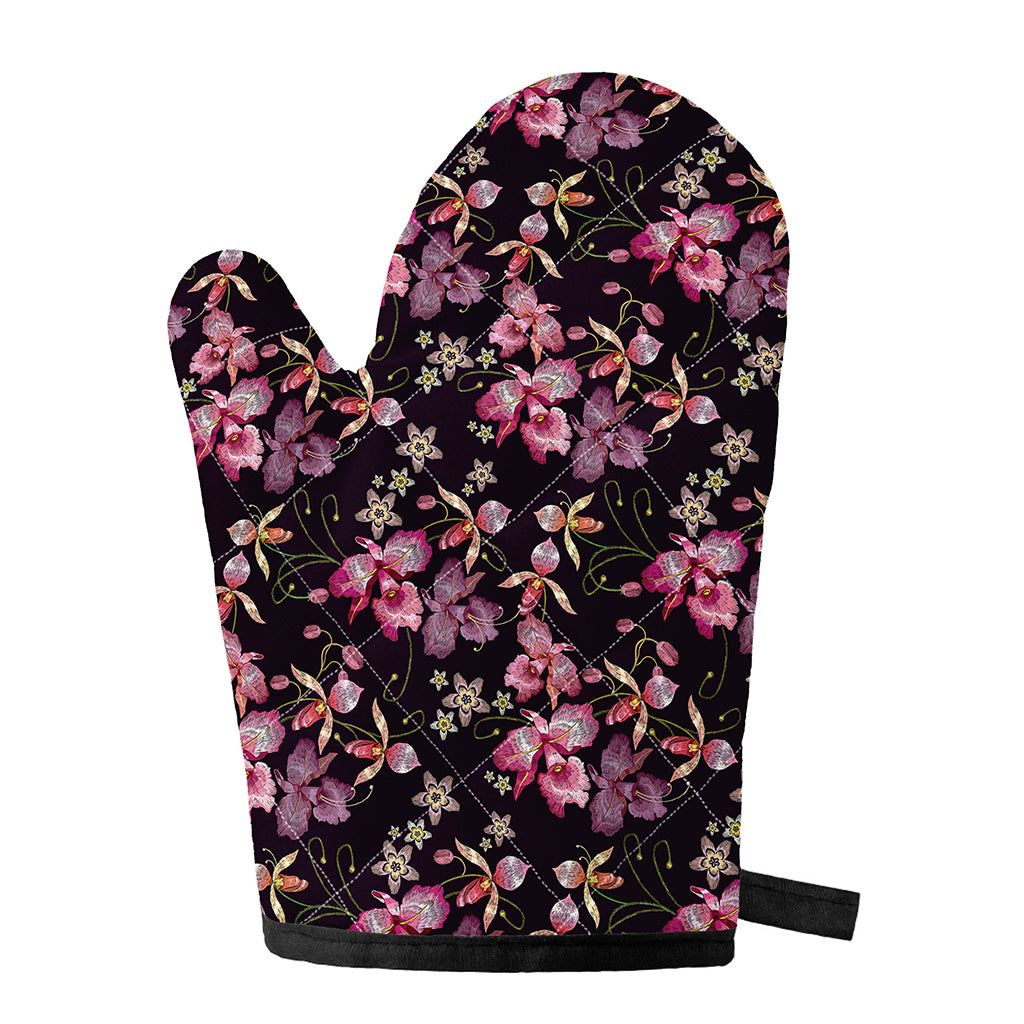 Embroidery Orchid Flower Pattern Print Single Oven Mitt