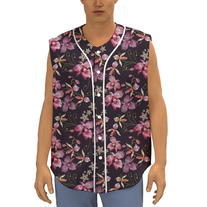 Embroidery Orchid Flower Pattern Print Sleeveless Baseball Jersey