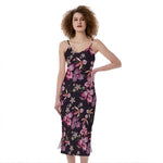 Embroidery Orchid Flower Pattern Print Slim Fit Midi Cami Dress