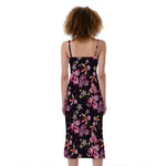 Embroidery Orchid Flower Pattern Print Slim Fit Midi Cami Dress