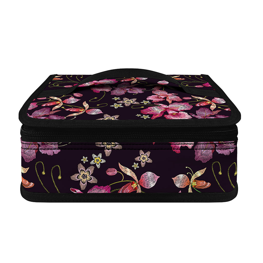 Embroidery Orchid Flower Pattern Print Small Lunch Bag