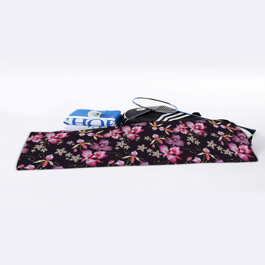 Embroidery Orchid Flower Pattern Print Sports Towel