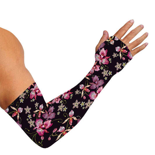 Embroidery Orchid Flower Pattern Print Sun Protection Arm Sleeves