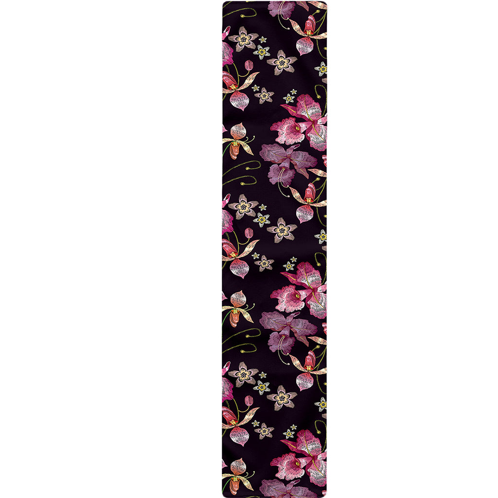 Embroidery Orchid Flower Pattern Print Table Runner