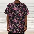 Embroidery Orchid Flower Pattern Print Textured Short Sleeve Shirt