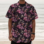 Embroidery Orchid Flower Pattern Print Textured Short Sleeve Shirt