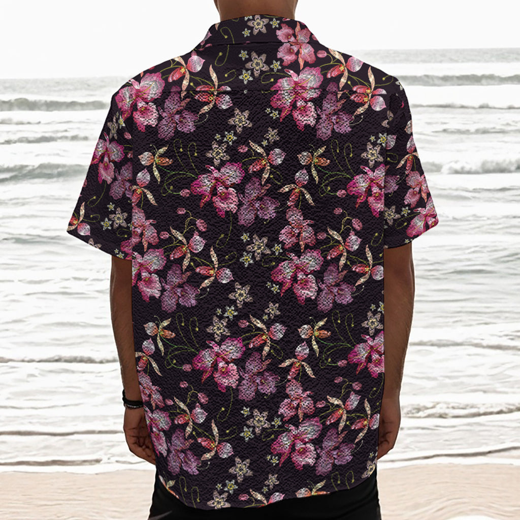 Embroidery Orchid Flower Pattern Print Textured Short Sleeve Shirt