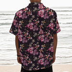 Embroidery Orchid Flower Pattern Print Textured Short Sleeve Shirt