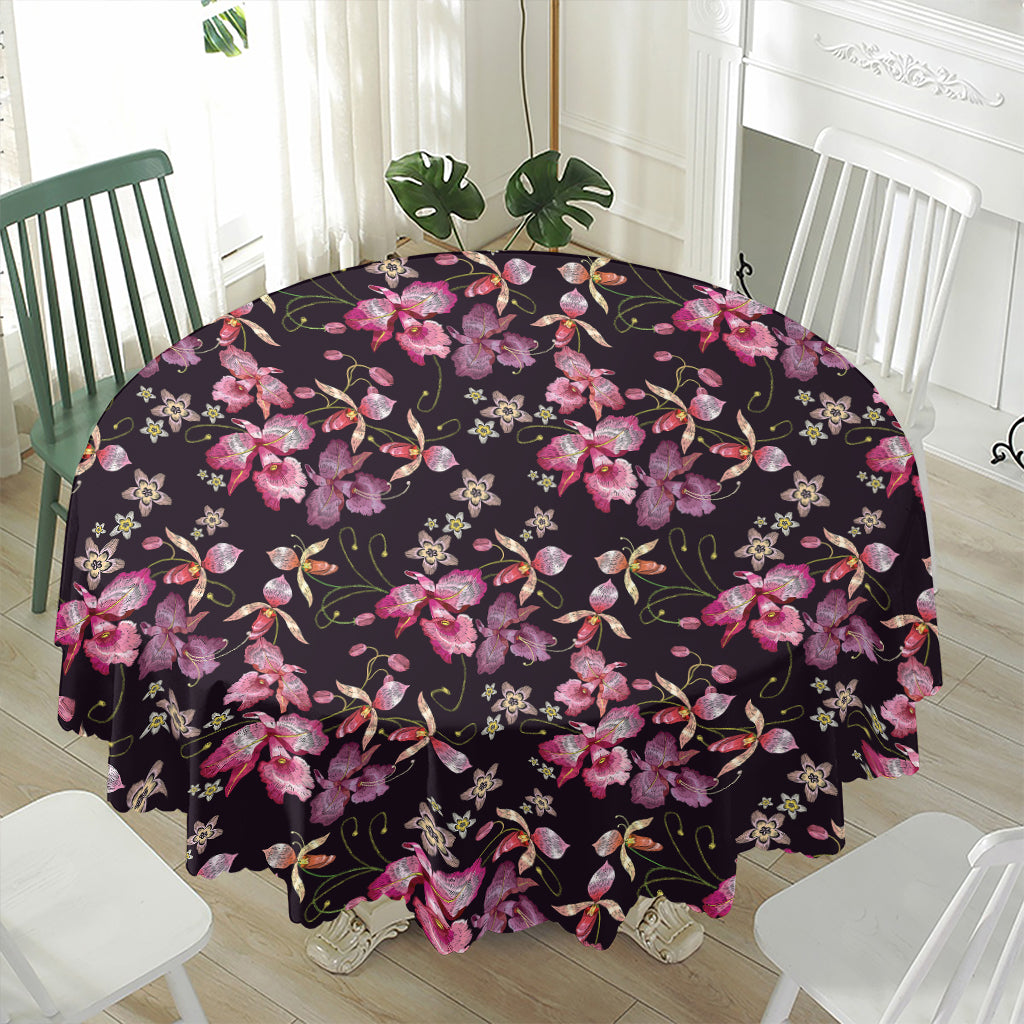 Embroidery Orchid Flower Pattern Print Waterproof Round Tablecloth
