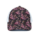 Embroidery Orchid Flower Pattern Print White Mesh Trucker Cap