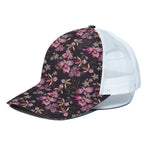 Embroidery Orchid Flower Pattern Print White Mesh Trucker Cap
