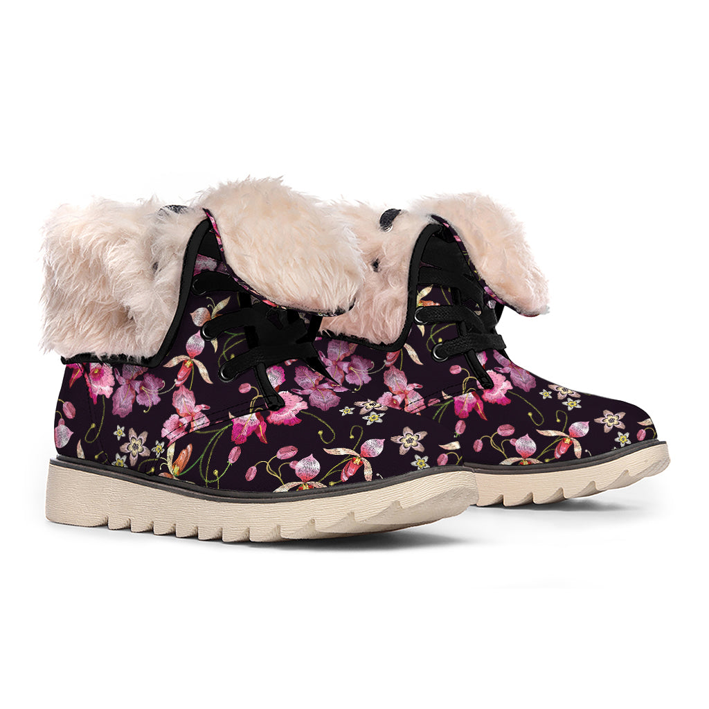 Embroidery Orchid Flower Pattern Print Winter Boots