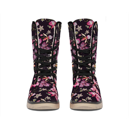 Embroidery Orchid Flower Pattern Print Winter Boots