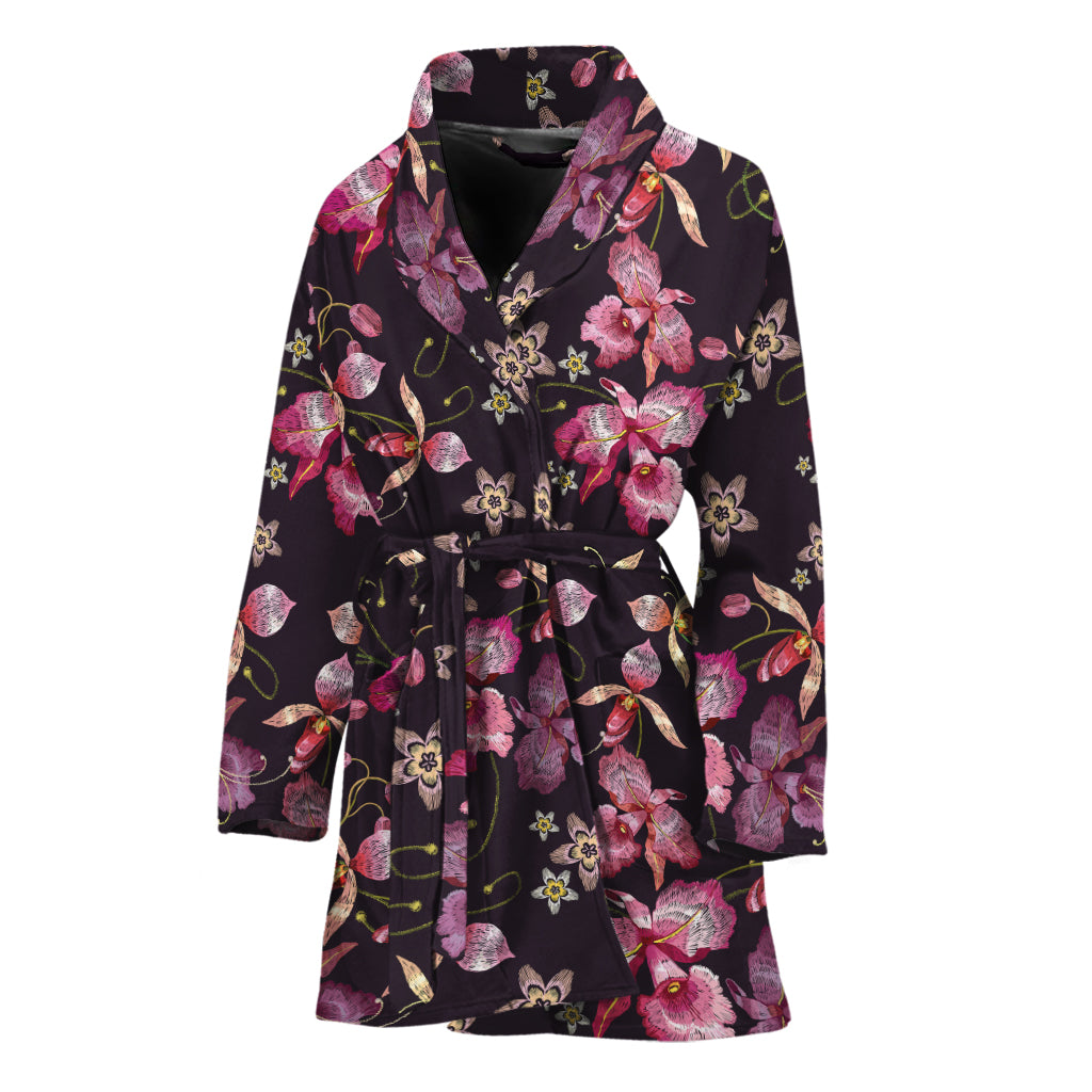 Embroidery Orchid Flower Pattern Print Women's Bathrobe